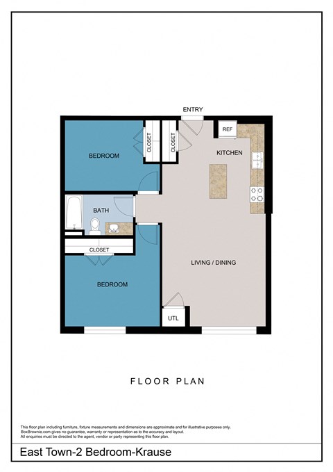 Floor plan for 2 beds, 1 bath, 876 sqft